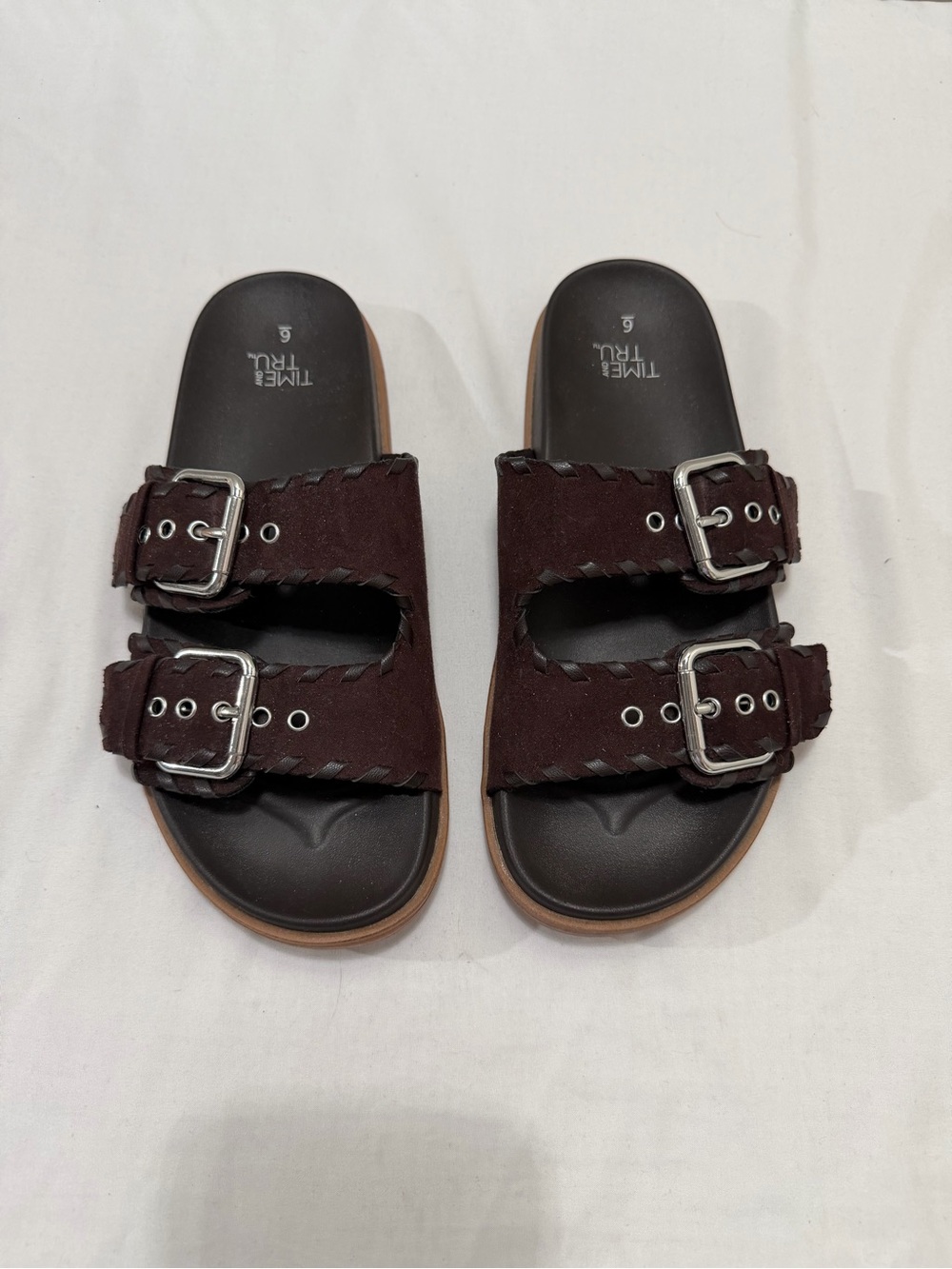 Time and Tru Dark Brown Double Buckle Slide Sandals